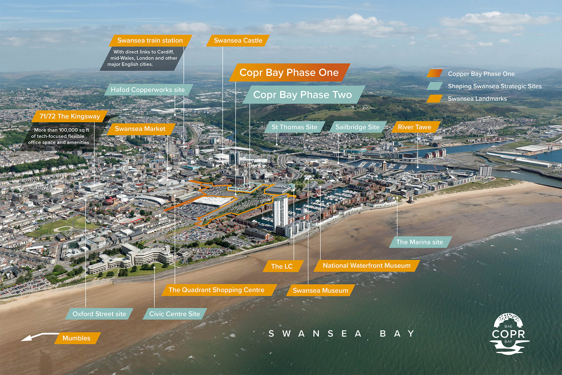 Aerial photo of Swansea highlighting areas of development