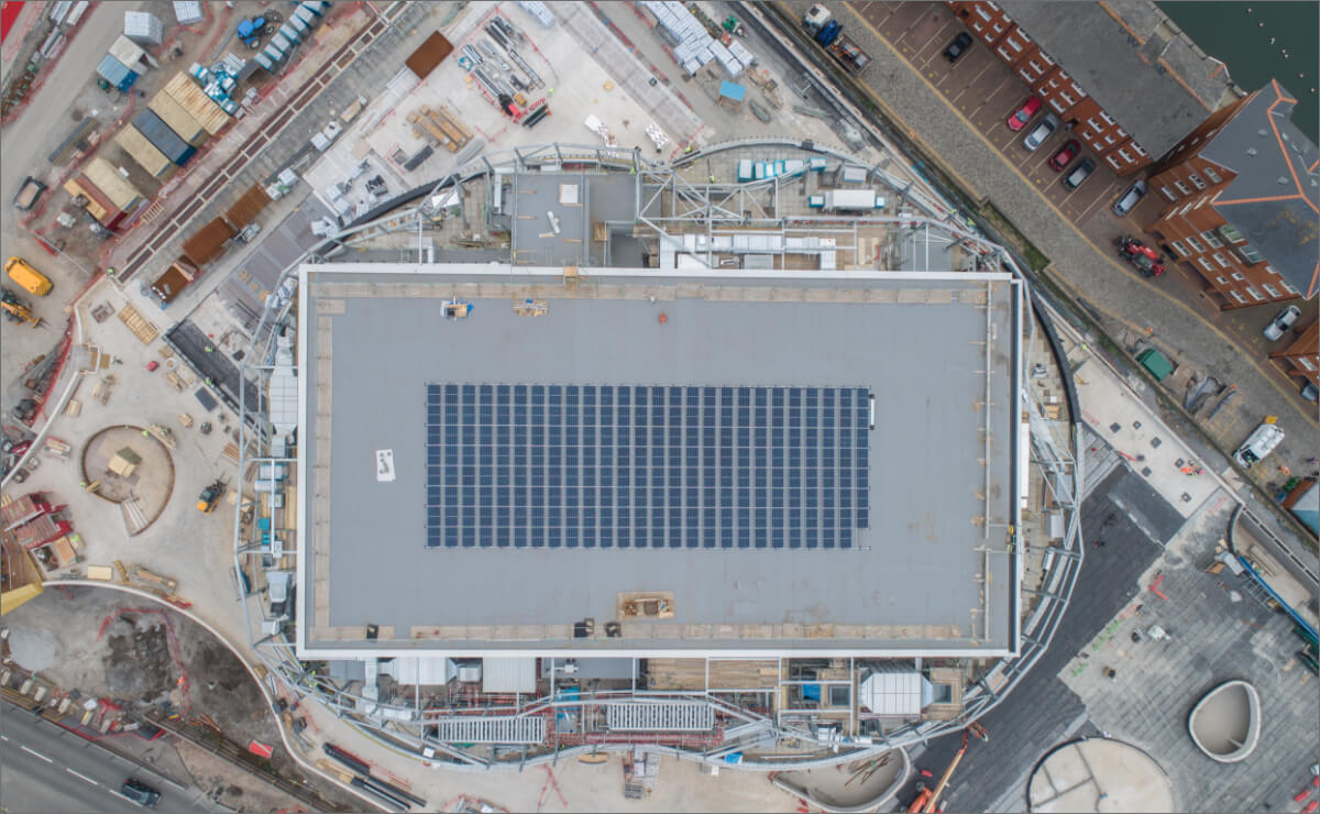 Drone footage of the Copr Bay arena under contruction, May 2021